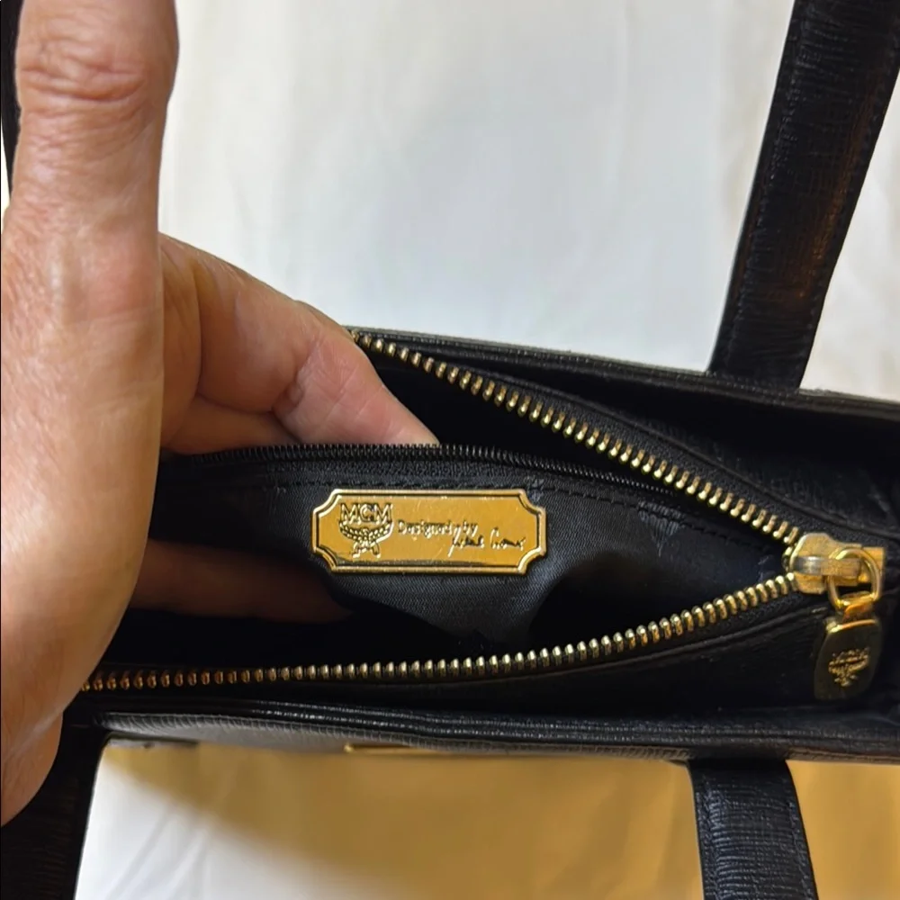 Vintage MCM Structured‎ Black Leather Satchel – Gold Hardware – Rare Style E7844